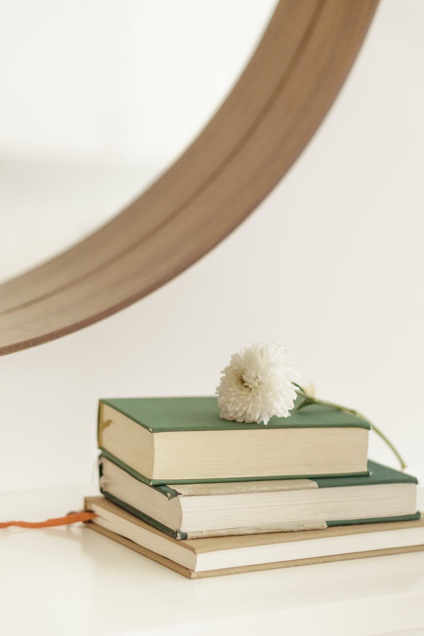 chrysanthemum on pile of books on table